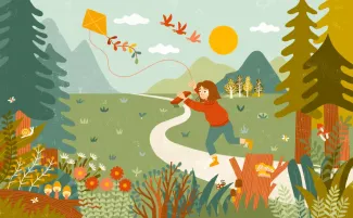 illustration of girl playing with kite